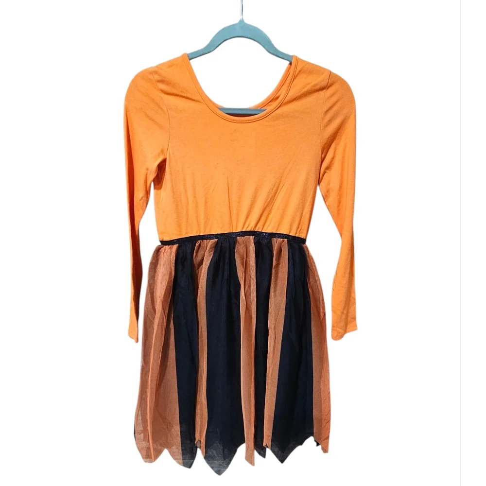 Cat & Jack Halloween Pumpkin Sequin Dress Orange Black Tulle Girls‎ L 10-12